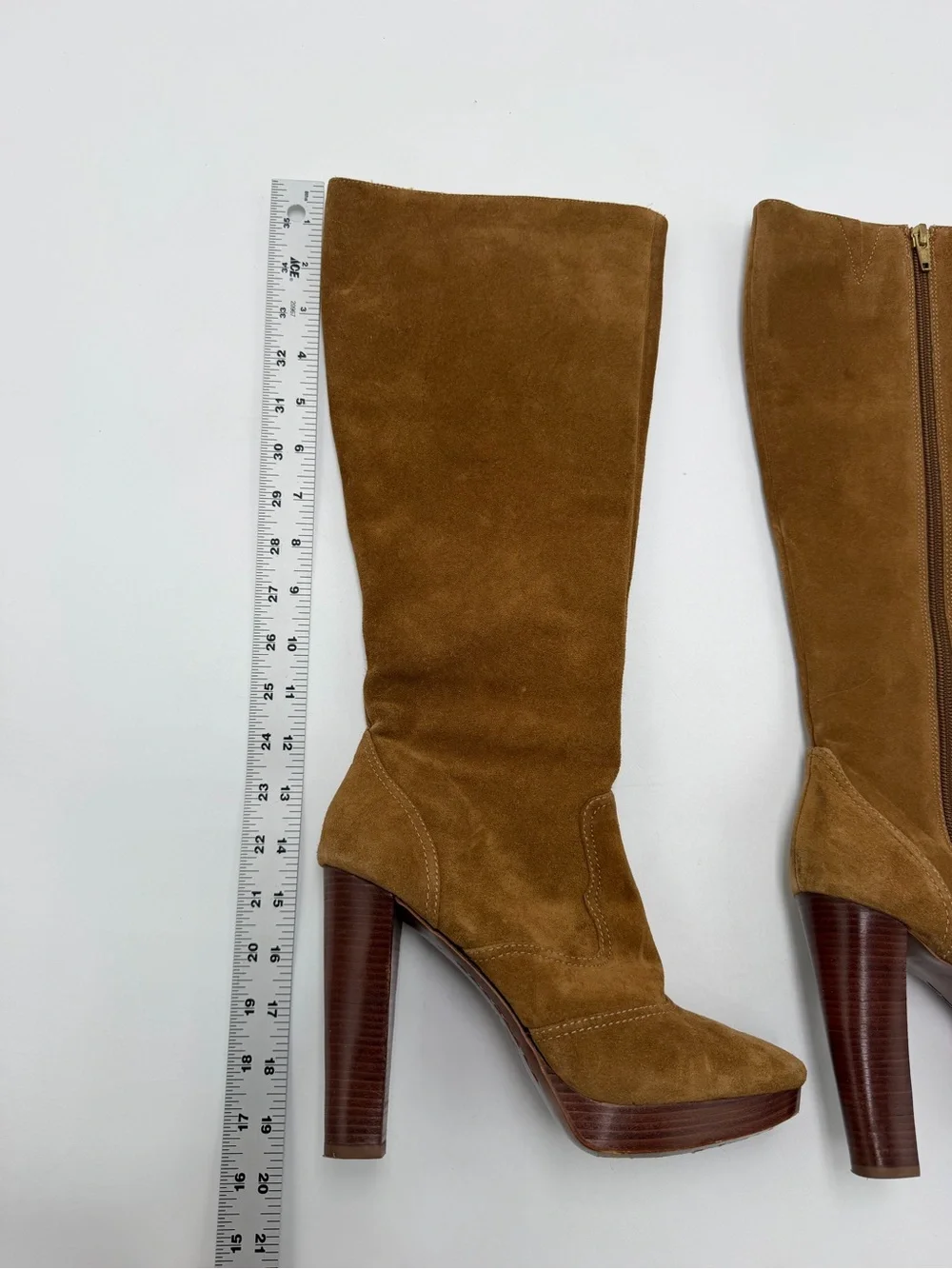 Vintage Michael Kors Suede Knee High Boots Tan Leather Platform Heels 7.5 M